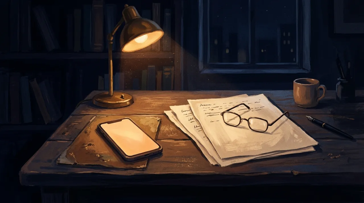 夜の机のスマートフォンと書類(編集部作成のイメージイラスト)