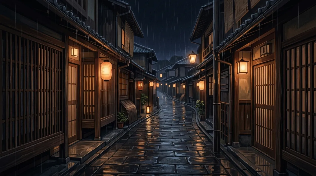 行灯のともる夜の京都の路地（編集部作成のイメージイラスト）