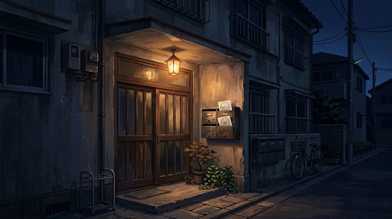 夜の玄関ポストに届いた宅配レンタルの封筒（編集部作成のイメージイラスト）