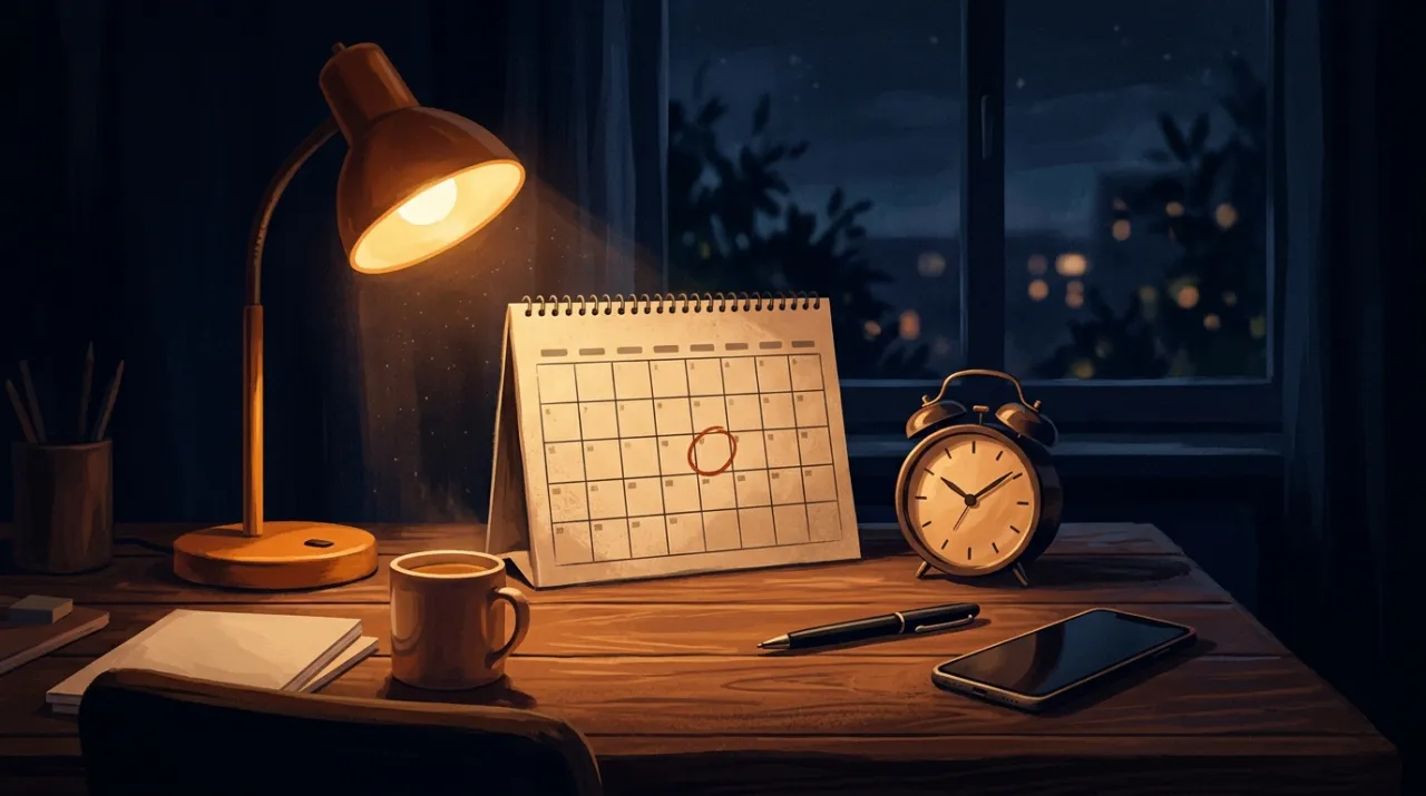 夜の机の上のカレンダーと目覚まし時計（編集部作成のイメージイラスト）