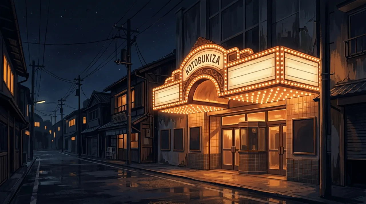 マーキー照明の映画館の夜(イメージイラスト)
