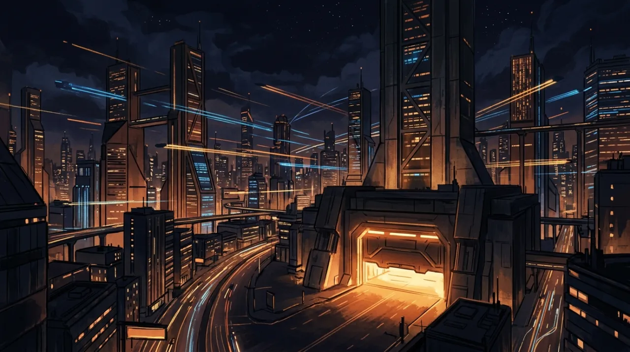 近未来都市の夜景を描いた特捜戦隊デカレンジャー各話ガイドのイメージ(イメージイラスト)