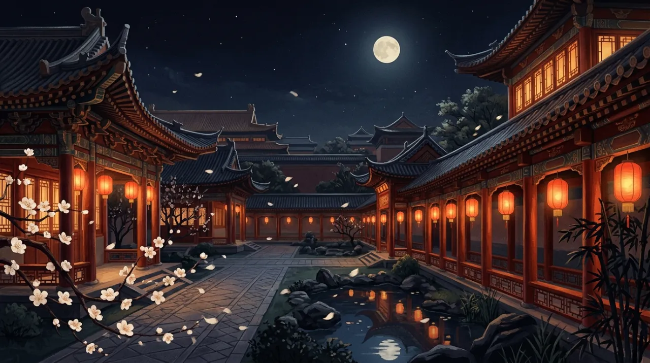 紅い灯籠がともる夜の後宮の回廊（編集部作成のイメージイラスト）