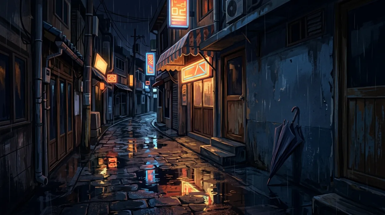 雨上がりの夜のソウルの路地とネオン（編集部作成のイメージイラスト）
