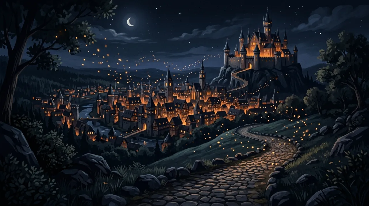 夜の魔法都市を丘から望むファンタジー風景（編集部作成のイメージイラスト）