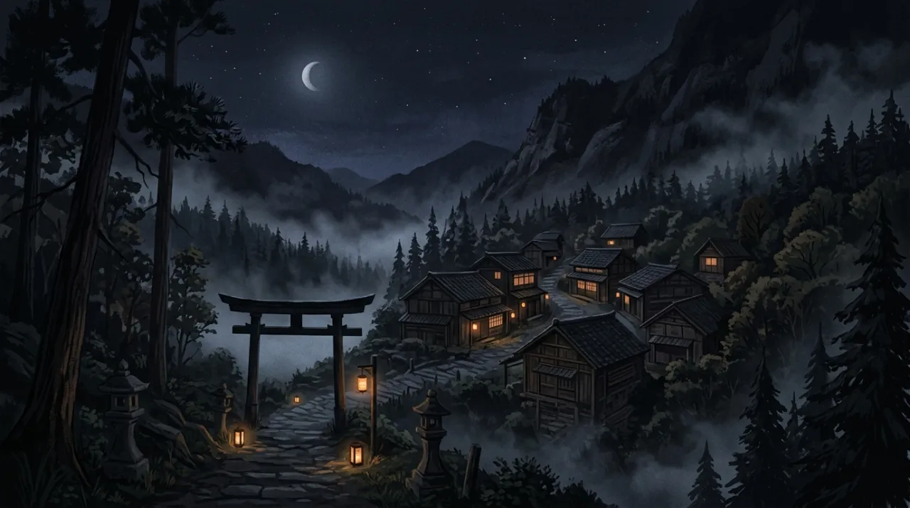 夜の山あいの村と鳥居のある風景（編集部作成のイメージイラスト）
